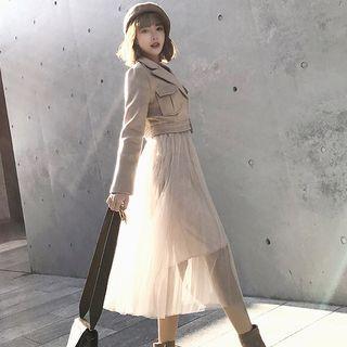 Set: Peak-lapel Bolero Jacket + Sleeveless Midi A-line Mesh Dress