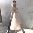 Set: Peak-lapel Bolero Jacket + Sleeveless Midi A-line Mesh Dress