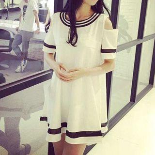 Contrast Trim Cold Shoulder A-line Dress