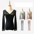 Set: Long-sleeve Lace Panel Top + Lace Leggings