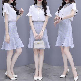 Set: Short-sleeve Ruffled Blouse + Plaid A-line Skirt