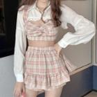 Long-sleeve Cropped Shirt / Plaid Vest / Mini A-line Skirt