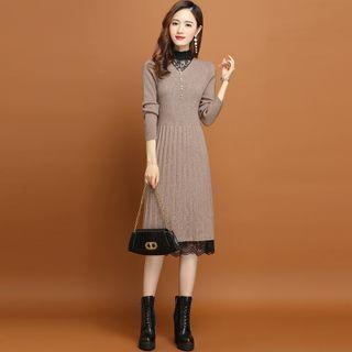 Long-sleeve Mock-neck Lace Trim Knit Midi A-line Dress