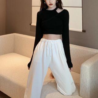 Off-shoulder Plain Long-sleeve Top / Drawstring Shift Pants