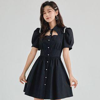 Puff-sleeve Collar Rhinestone Mini A-line Dress