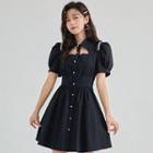 Puff-sleeve Collar Rhinestone Mini A-line Dress