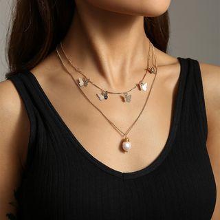 Freshwater Pearl Butterfly Layered Necklace 1 Pc - Nz171 - Freshwater Pearl Butterfly Layered Necklace - Gold - One Size