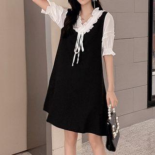 Short-sleeve Frill Trim Paneled A-line Dress