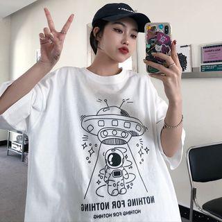 Astronaut Cartoon Print Elbow-sleeve T-shirt