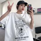 Astronaut Cartoon Print Elbow-sleeve T-shirt