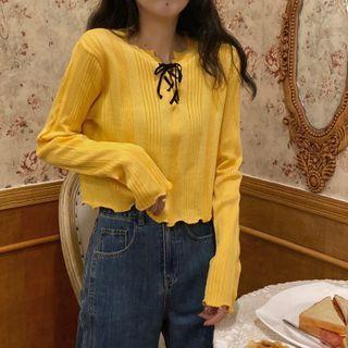 Long-sleeve Lace-up Knit Crop Top