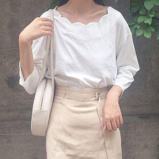 Long-sleeve Scallop-trim Top