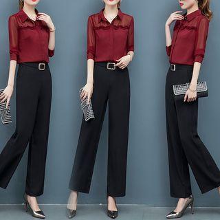 Set: Long-sleeve Frill Trim Shirt + Dress Pants