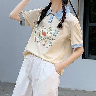 Ocean Theme Polo-collar Short-sleeve Top