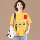 Cartoon Embroidered Short-sleeve Distressed T-shirt