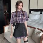 Elbow-sleeve Plaid Mini Sheath Shirtdress / Zip Mini A-line Skirt