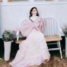 Long-sleeve Mock-neck Top / Floral Cardigan / Tasseled Mesh Midi A-line Skirt