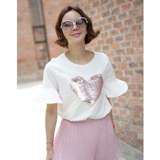 Ruffle-sleeve Heart-sequined Top