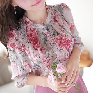 Mandarin-collar Pleated Floral Blouse