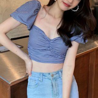 Puff-sleeve Plaid Cropped Top Blue & White - One Size