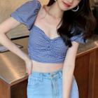 Puff-sleeve Plaid Cropped Top Blue & White - One Size