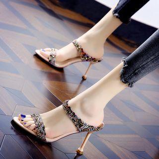 Print Rivet Spool-heel Sandals