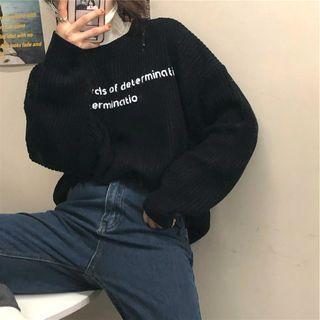 Lettering Crew-neck Loose-fit Sweater Black - One Size