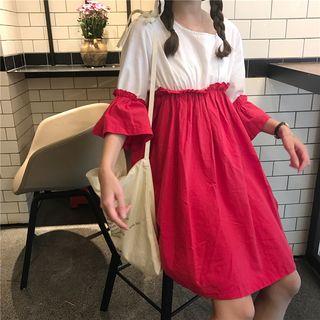 Color-block Bell-sleeve Linen Dress