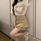 Short-sleeve Heart Mesh Top / High-waist Ruffle Mini Skirt