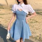 Short-sleeve Frill Trim Crop Top / Spaghetti Strap Mini A-line Denim Dress