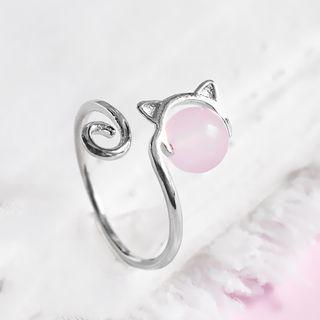925 Sterling Silver Cat Bead Open Ring Bead - Pink - One Size