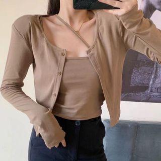 Set: One-shoulder Camisole Top + Cropped Cardigan