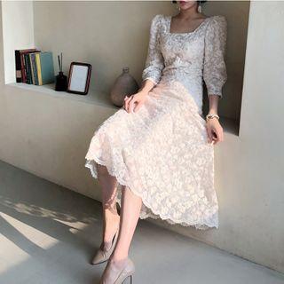 Elbow-sleeve Floral Embroidered Midi A-line Lace Dress