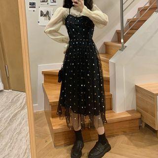 Puff-sleeve Blouse / Dotted Mesh Pinafore Dress
