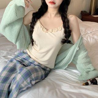 Ruffle Trim Camisole Top / Cardigan / Plaid Wide-leg Pants