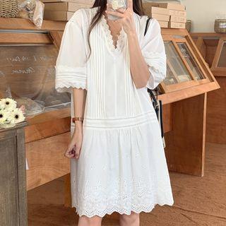 Puff-sleeve V-neck Lace Embroidered A-line Dress