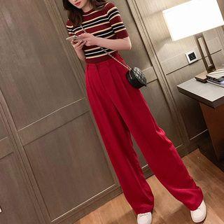 Set: Striped Short-sleeve T-shirt + High-waist Wide-leg Pants