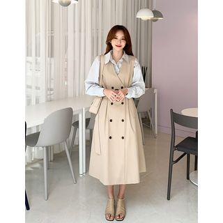 Collarless Sleeveless Belted Long Trench Dress