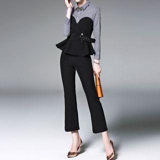 Set: Stripe Panel Long-sleeve Peplum Top + Cropped Pants