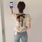 Puff-sleeve Ribbon Top Beige - One Size