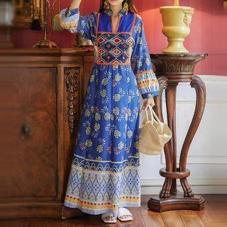 Long-sleeve Pattern Maxi Sundress