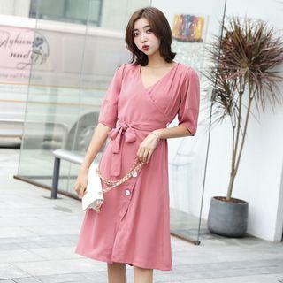 Wrapped Neck Tie-waist Buttoned Midi Dress