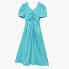 Short-sleeve V-neck Ruched Midi A-line Dress