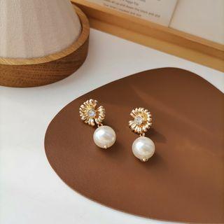 Rhinestone Faux Pearl Dangle Earring 1 Pair - S925 Silver Needle - Stud Earrings - Gold - One Size