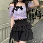 Short-sleeve Off-shoulder Bow Crop Top / Tiered Mini A-line Skirt