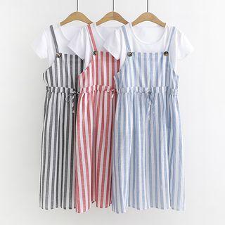 Set: Short-sleeve T-shirt + Striped Midi Dungaree Dress