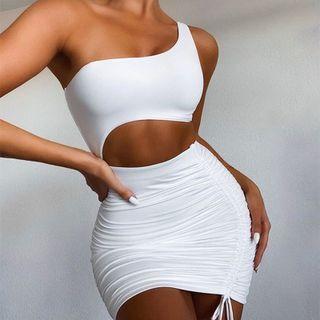 Sleeveless One-shoulder Cutout Drawstring Bodycon Dress