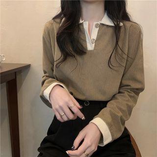 Long-sleeve Contrast Trim Corduroy Polo Shirt