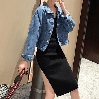 Spaghetti Strap Slit Sheath Dress / Sequined Paneled Buttoned Denim Jacket