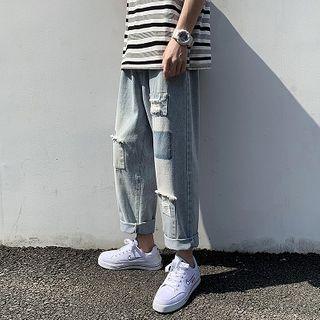 Distressed Patched Straight-cut Cropped Jeans